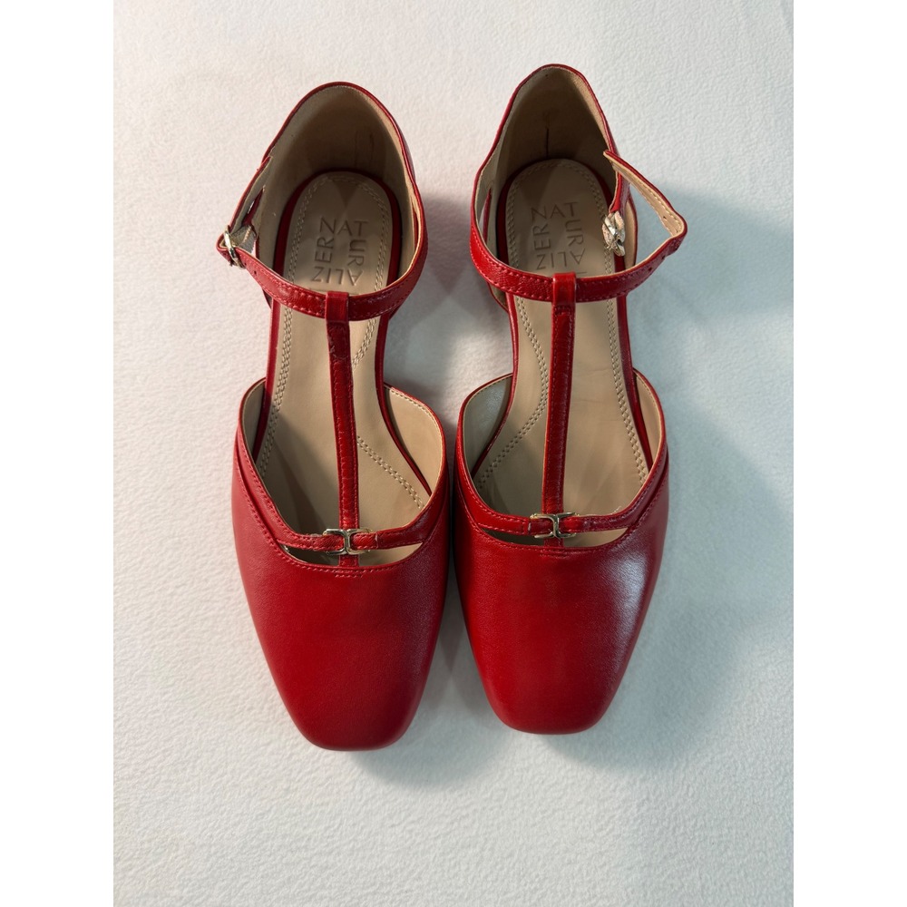 Naturalizer Caresse Flats Women 8.5W Red Leather T-Strap Square Toe Office Shoe